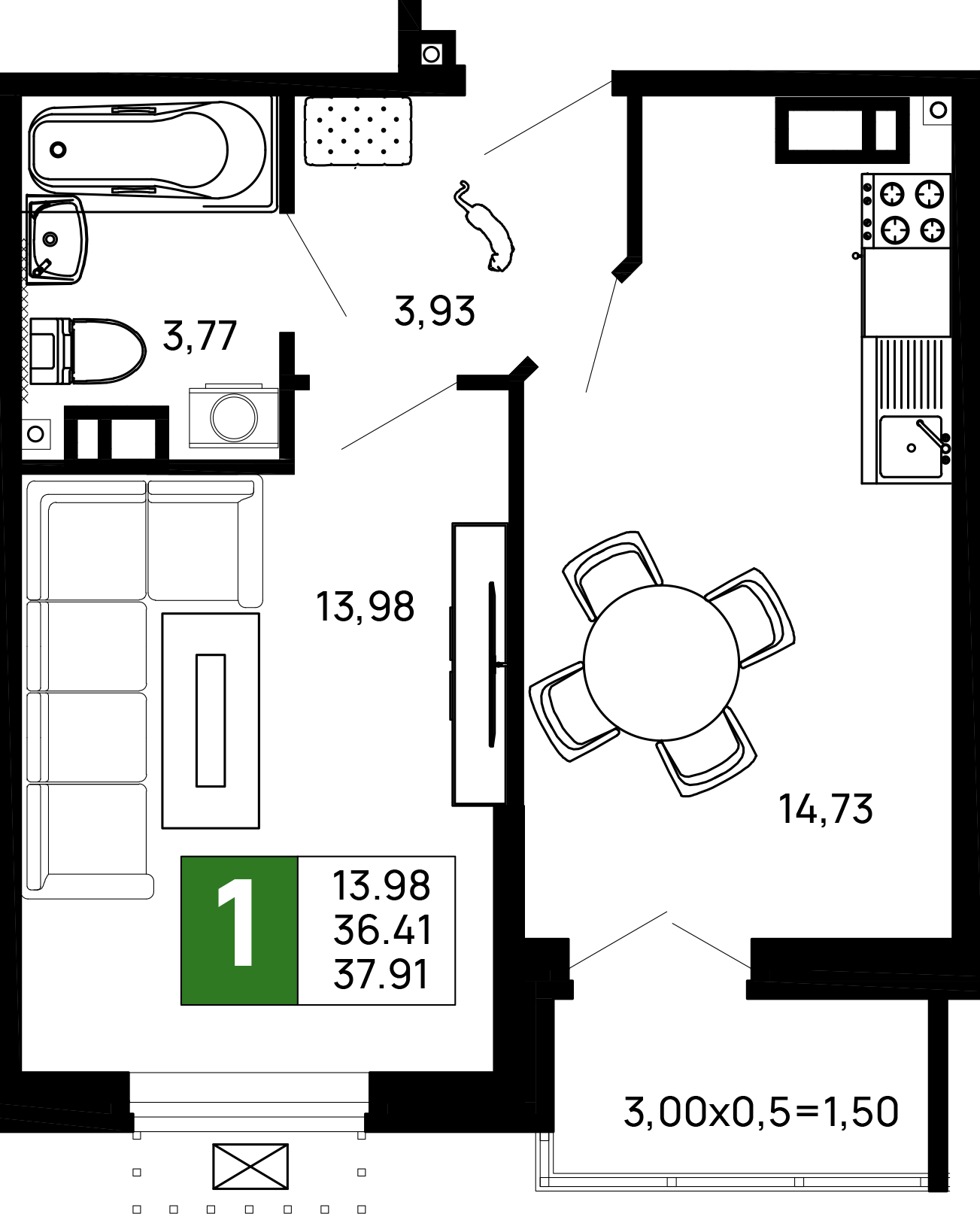 1-комнатная 37.91 м² — планировка ЖК «Долина»