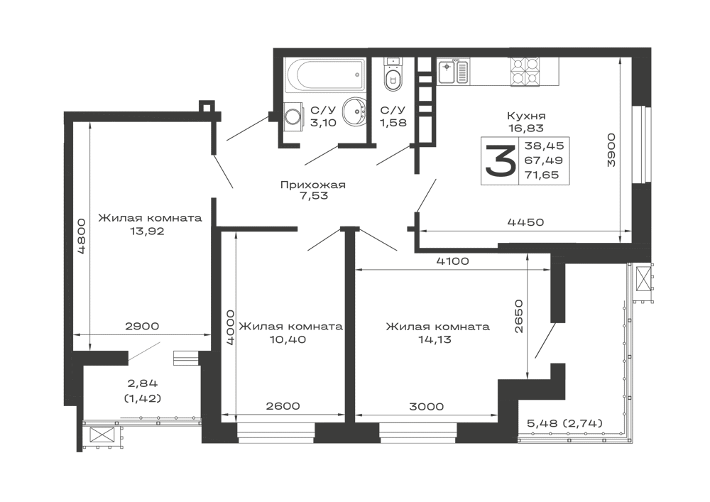 3-комнатная 71.65 м² — планировка ЖК «Долина»